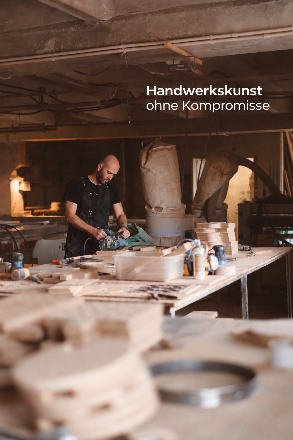 Konzept-Post: Schreiner in der Werkstatt mit dem Text Handwerkskunst ohne Kompromisse